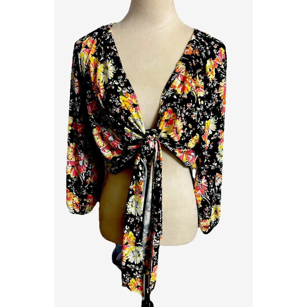 Lane Bryant Size 10/12 Floral Knit Stretch 3/4 Sleeve Tied Front Crop Top Boho
